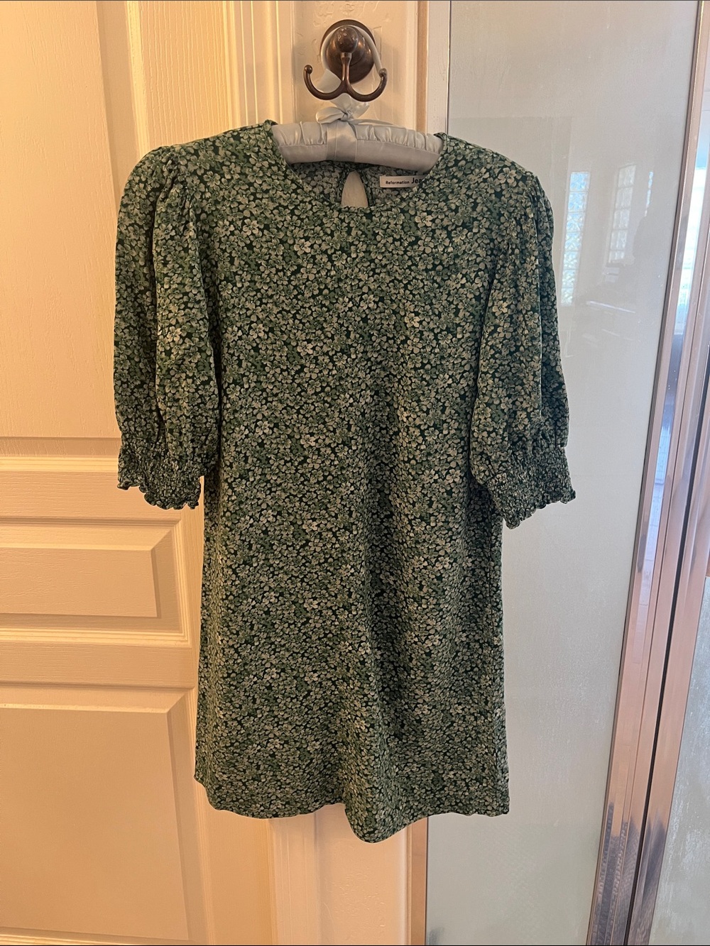Reformation Green Floral Puff-Sleeve Mini Dress